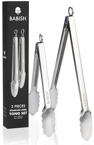 Babish 2-Piece Locking Kitchen Tongs Set – 12” & 9” Stainless Steel Cooking Tongs with Non-Slip Grip – Heavy-Duty BBQ, Grilling & Serving Tools