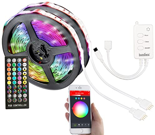 Luminea Home Control Lichter Band: WLAN-RGB-LED-Streifen mit Sound-Steuerung, App, Sprachsteuerung, 10 m (LED Streifen Soundsteuerung, mit App steuern, TV)