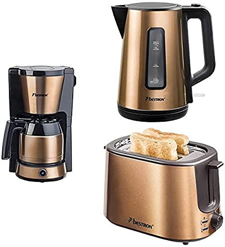 Bestron Kaffeemashine mit Kanne für 8 Tassen Kaffee Wasserkocher (1,7 Liter) Toaster mit 2 Röstkammern, In Kupfer Optik