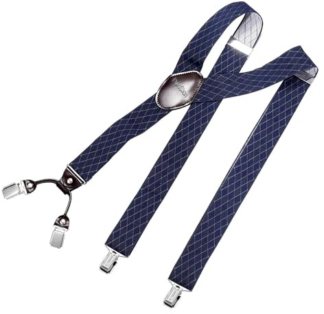 DonDon Bretelle da uomo eleganti extra forti 3,5 cm con 4 clip e toppa in pelle marrone - Rombo blu