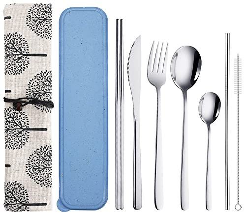 QLFJ-FurDec 9 Pcs Portable Cutlery Set with Case, Reusable Stainless Steel Travel Lunch Utensils with Fork Spoon Knife Chopsticks, and Straws, Cleaning Brush for Camping, Picnic(Silver)