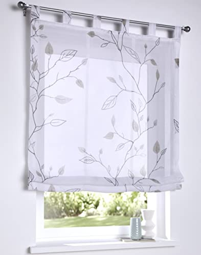 Raffrollo Schlaufenrollo Bonnie weiß, transparent, grau Bedruckt, Raffgardine für Gardinenstange, Breite 60 x Höhe 140 cm