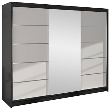 Mirjan24 Kleiderschrank Dotan VI mit Spiegel, Kleiderstange und Fächer, Schlafzimmerschrank, Schwebetürenschrank, Dielenschrank, Garderobenschrank (Schwarz/Weiß)