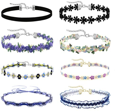 Palotay 8PCS Colorful Daisy Choker Necklace Set for Women - Velvet, Lace, Gothic & Classic Styles - Flower Choker Gifts