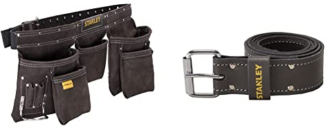 Stanley Werkzeugschürze STST1-80113 & Stanley STST1-80119 Ledergürtel, Breite: 4,5 cm, Länge: 126 cm, 16 Loch | Werkzeuggürtel Herren