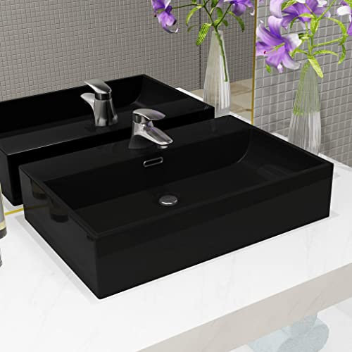 WIFESE Waschbecken mit Hahnloch Keramik Schwarz 60,5x42,5x14,5 cm Badezimmer Möbel Aufsatzwaschbecken Eckig Waschbecken Gäste WC Handwaschbecken für Waschraum Sein Badezimmer Elegantes Design