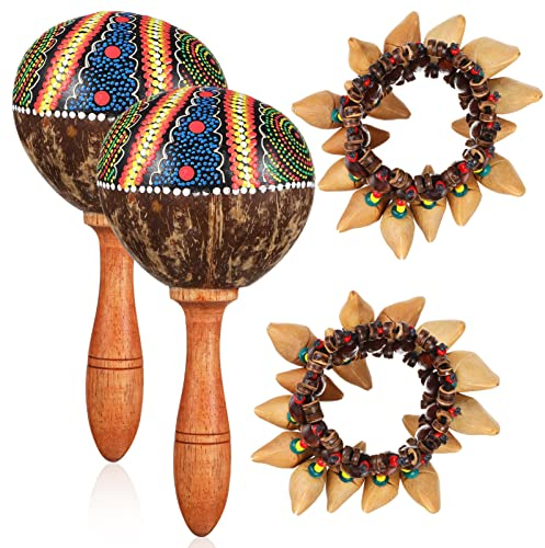 Vaguelly 2 Stück Maracas Klapper + 2 Stück Nusschalen Armbänder Shaker, Holz Rassel Kokos Handrassel, Musikinstrument entspannender Klang für Meditation, Yoga, Percussion