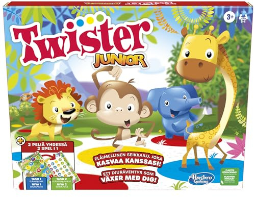 Twister Junior Game, tvåsidig lekmatta med djuräventyr, 2 spel i 1, kalasspel, inomhusspel för 2–4 spelare (Svenska/Finska)