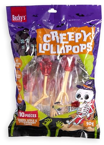 Becky’s Creepy Lollipops 90g – 10 Halloween Lutscher mit Knochen-Stiel – Süße Party-Süßigkeiten für Kinder & Erwachsene – Gruselige Lollies, einzeln verpackt, zum Teilen, Verschenken & Dekorieren