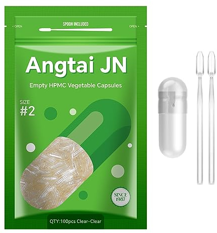 Angtai JN Capsule Vuote Vegetali Taglia 2-Chiavi Capsule Vuote per Riempimento con 2 Micro Cucchiai, Capsule Vuote Fai-Da-Te Compatibili con Dimensioni di Riempimento Capsule 2, 100 unità