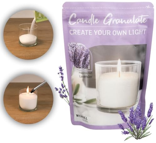 DecoLite Kerzensand 400 g mit 4 Dochten, Lavendel | Wachsgranulat & Kerzengranulat zum Gläser Recyceln, DIY Bastelset für selbstgemachte Kerzen, ideal als Geschenkidee