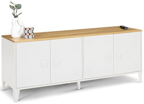IDMarket - Buffet Bas 140 cm Ester métal Blanc Plateau Bois