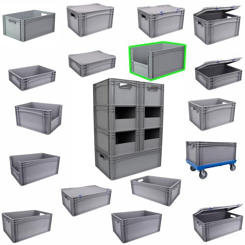 Hesselink Eurobox 60x40x32 cm, mit Entnahmeöffnung, stapelbar, 64,5 Liter, grau, lebensmittelecht, Eurobehälter kombinierbar mit Deckel