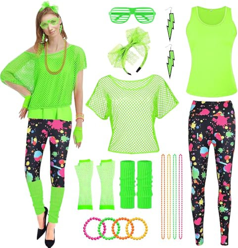 CHMMY 80er Jahre Outfit Damen Netzshirt Weste Leggings 80er Jahre Accessoires Beinwärmer Armbänder Halskette Stirnband Ohrringe Brille Handschuhe für Karneval Fasching 80er 90er Mottoparty Neon Party