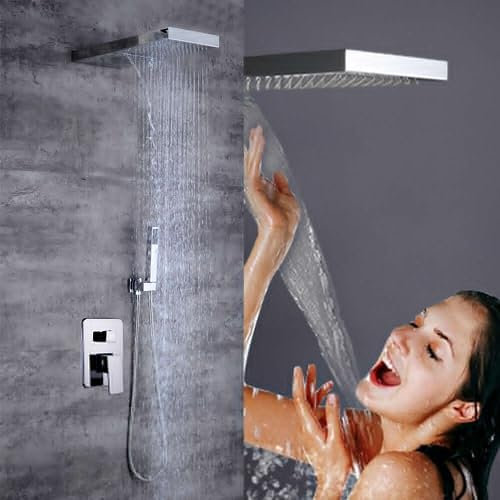 Ensemble de douche en acier inoxydable - Douche à effet pluie - Système de douche encastré - Montage mural - Avec douchette à main - Pommeau de douche - Ensemble de douche pour robinetterie de salle