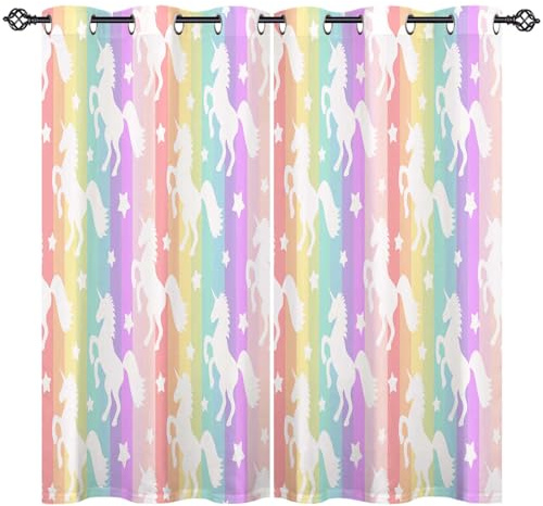ANHOPE Unicorn Thermal Blackout Curtains 46 x 54 Inch 2 Panels | Eyelet Top, Rainbow Striped Stars Print, Soundproof, 80% Black out, Kids Girls Window Drapes for Bedroom Living Room