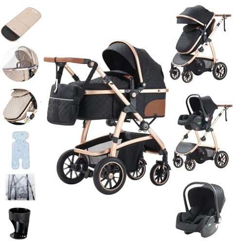 Zkiprm 3 in 1 Kinderwagen, Reisesystem, Buggy & Sportsitz, Höhenverstellbare Armlehnen und Kinderwagen mit Aluminiumgestell/Mumientasche/Moskitonetz/Baumwollmatte, für Neugeborene 0-4 Jahre