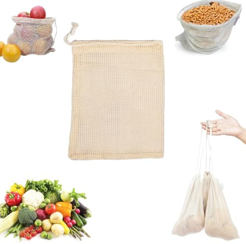 Mallas para Almacenaje de Verduras, Legumbres y Frutas – 4 Bolsas de Tela de Saco 20x25cm – Reutilizables, Transpirables, Red de Cocina para Guardar y Organizar Alimentos