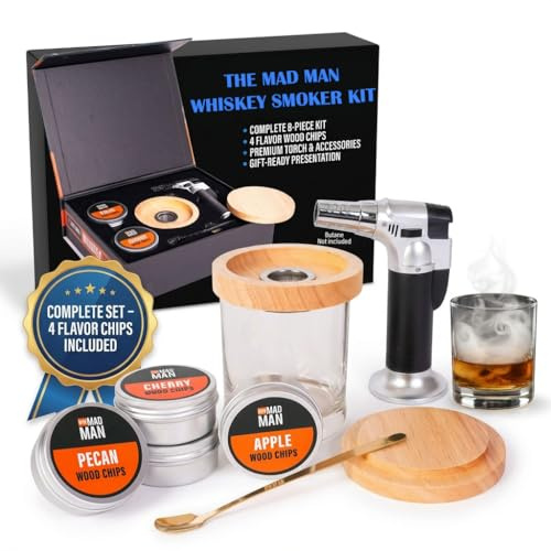 Mad Man - Whiskey Smoking Kit with Torch – Old Fashioned Cocktail Smoker for Drinks, Bourbon Smoke Infuser with Wood Chips, Smoked Old Fashioned Kit, Home Bar Cocktail Smoker, Unique Gifts for Men
