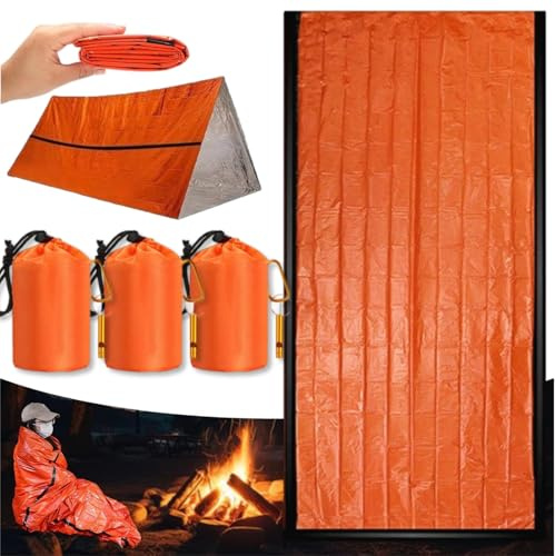 Nödsovsäck med visselpipa 3-pack, bärbar överlevnadsväska, lätt fickstorlek nödsovsäck, vattentät termisk bispojsäck för camping, vandring (3 st + visselpipa)