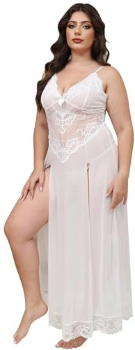 ABEHIK Damen Negligee V-Ausschnitt Babydoll Gro� Gr��e Sexy Set �ffnen Zur�ck Nachtw�sche Kleid Dessous Unterw�sche f�r Frauen mit Panties wei� 4XL