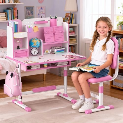 Ensemble de bureau et de chaise réglables pour enfants - Chaises d'apprentissage avec séparateurs et tiroirs - Bureau avec chaises ergonomiques - Ensemble de chaises de bureau pour enfants avec