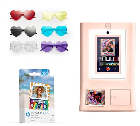 HP Sprocket Photo Booth Machine Instant Color Photo Printer (Pink) + Zink Paper (100 Sheets) + Glasses (6)