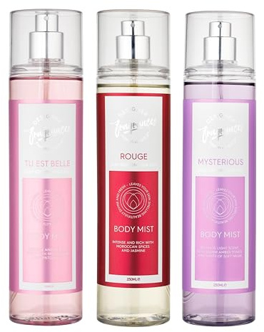 Designer Fragrances 3 Pack Assorted Bundle - Tu Est Belle - Rouge - Mysterious - Women's Feminine Body Mist Sprays - For Silky Soft, Beautifully Smelling Divine & Fresh Skin, Great Gifts - 250ml