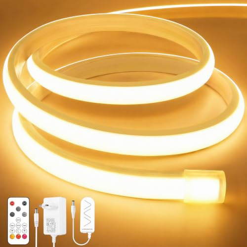 Lamomo COB LED Streifen, Warmweiss Dimmbar Leiste mit Fernbedienung, 2m 24V | Selbstklebende Neon Strip, Wasserdicht Flexibel Silikon, 3000K, 10mm Breit, für Schlafzimmer, Küche, TV, Innen Deko, CRI 90+
