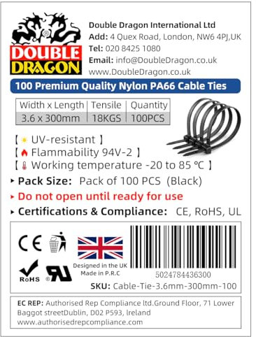 Double Dragon 3.6 mm × 300 mm Heavy‑Duty PA66 Nylon Cable Ties – 100 Pack | 18 kg (40 lb) Tensile Strength | UV‑ & Weather‑Resistant Self‑Locking Zip Ties | CE • RoHS • UL