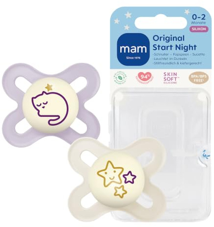 MAM Original Start Night Schnuller | 0-2 Monate | Leuchtende Babyschnuller für Neugeborene | 94% Akzeptanz | stillfreundlich | von 100% der Hebammen empfohlen | SkinSoft Silikon | lilac | 2 Stück