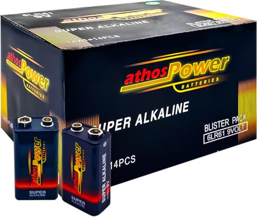 Athos Power Pilas Alcalinas 6LR61 9V – en Pack de 14 Unidades, 600mAh de Alta Potencia, Larga Duración hasta 10 Años, Energía Segura y Estable para Mandos, Detectores de Humo, Juguetes y Más