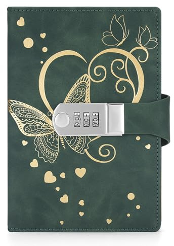 Journal intime avec cadenas pour femmes et hommes - Journal intime secret avec serrure à combinaison pour filles et garçons - Carnet B6 avec papillon - En cuir synthétique - Rechargeable - Vert foncé