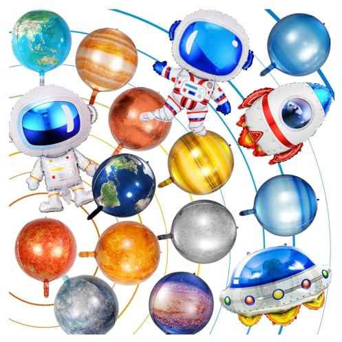 Raumluftballons, 16 Stück, Astronaut, Raumschiff, Rakete, Planet, 4D, Aluminium, Luftballons, für Weltraum, Geburtstag, Party, Dekoration