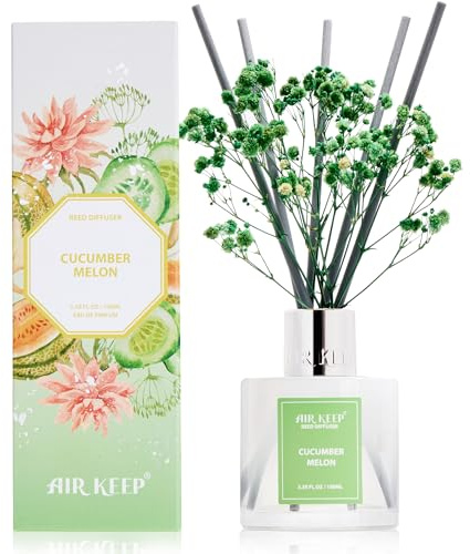 Airkeep Raumduft mit 8 Duftstäbchen 100ml, Cucumber Melon Langanhaltender Lufterfrischer, Natürlicher Duft, Deko für Badezimmer, Schlafzimmer, Wohnzimmer & Büro