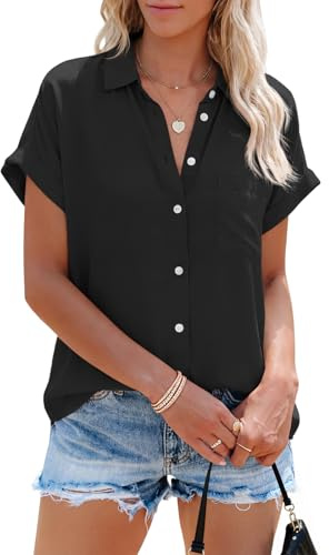 Cicy Bell Chemisier pour Femme à Manches Courtes et Rayures - Col en V - Chemises rayées - Hauts d'été décontractés boutonnés