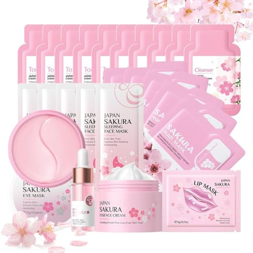 Sakura Skin Care Set Geschenke für Frauen,Sakura Skincare Set,Beauty Set Mädchen,Geschenkset Frauen 24PCS,Muttertag Geschenke für Mama mit Reiniger,Creme,Serum,Mask,Schlammmaske,Muttertagsgeschenk