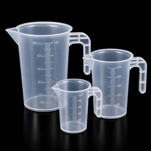3 Pcs Plastic Measuring Jugs, 100ml/250ml/500ml Measuring Cups | Clear Plastic Jugs with Handle, Transparent Liquid Graduated Beaker for Lab Kitchen Baking Cooking Mixing