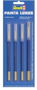 Revell Pinsel-Set I 4-teilig I Modellbau Pinsel in Gold, Blau, Braun I Ideal für Detailarbeit I Verschiedene Größen I Perfekt für präzises Bemalen von Modellen