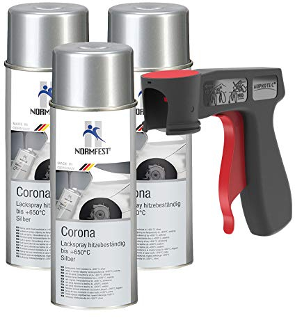 AUPROTEC Pistolengriff + Normfest Lackspray Corona Silber Motor Lack Sprühlack Hitzefest 650°C Auspuff Spray 3x 400ml
