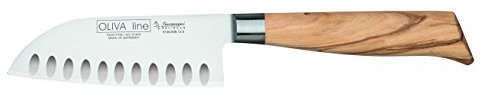 Burgvogel Solingen Santokumesser 13 cm geschmiedet Olivenholz, Oliva Line, rostfrei, deutsches Japanisches Kochmesser mit Kullenschliff, hell, scharf, braun beige, 6100.926.13.6