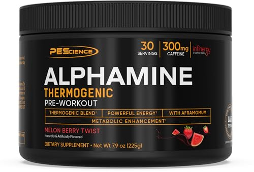 PEScience Alphamine Thermogenic Pre-Workout, Fat Burning PreWorkout Energy Powder with L-Carnitine - Melon Berry Twist, 60 Scoops
