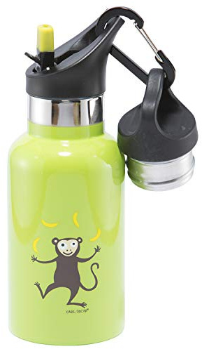 Carl Oscar Bouteille Thermos à Double paroi pour Enfants - Bouteille Isolante Maintenant Chaud 10 ou 24h Froid. 0,3 litres avec Un Singe, en Vert. Fourni avec 2 couvercles, Dont Un avec Une Paille.