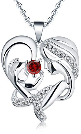 JO WISDOM Collier Pendentif Coeur d'amour mère et enfant Amour pour toujours Argent 925/1000 AAA zirconium Pierre de naissance de Janvier Couleur Grenat Femme