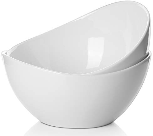 Samsle Serveringsskålar i porslin set (23 cm), 1 360 ml för sallader, stora serveringsfat för festmiddag, sidorätter, serveringsfat, oval form, mikrovågsugn och diskmaskinsäker, set med 2, vit