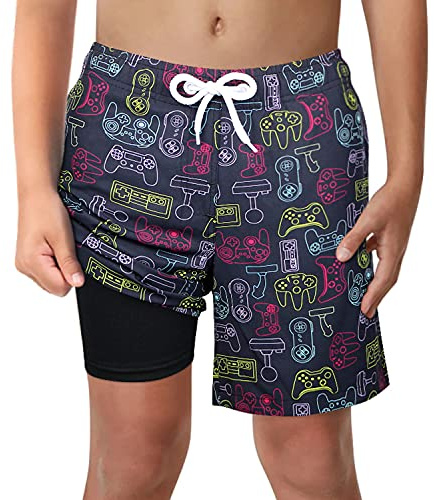 LUCOWEE Boys Swim Trunks with Boxer Brief Liner Compression 6 Swimming Shorts Stretchy UPF Quick Dry Swimsuit Size 6-20