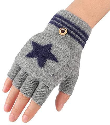 AfinderDE Kinder Fausthandschuhe Mädchen jungen Abnehmbare Klappe Strickhandschuhe Fäustlinge Handschuhe Fingerhandschuhe Fingerlos Halb Handschuhe Strick Handschuhe Winterhandschuhe (Grau 1)