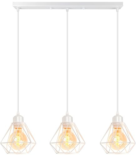 TOKIUS 3-flammig Hängelampe Retro Pendelleuchte im Industrial Design E27 Fassung Industrielle Lampe 16CM Eisen Käfig Weiß Hängeleuchte für Küche Esstisch (Pendellampe, Balken)