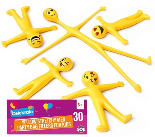 SOL 30pk Yellow Stretchy Men Party Bag Fillers - Lucky Dip Prizes for Kids | Stretchy Man Party Favours - Assorted Emoji Face Stretchy Toys, Party Bag Fillers for Kids, Boys Girls Prizes, 30pk