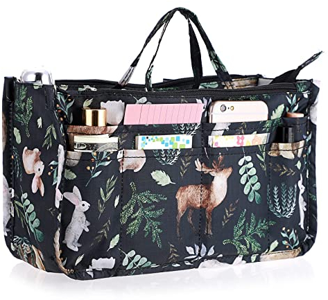 IGNPION Bedruckte Einlage Handtasche Geldbörse Organizer 13 Taschen Erweiterbare Liner Bag Pouch Reißverschluss Taschenorganizer Wickeltasche Einsatz mit Griff (Dunkelgrün Aminal)